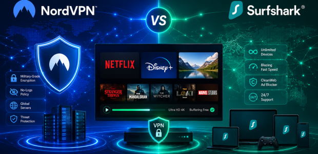 NordVPN vs Surfshark VPN comparison for streaming in 2026 showing speed, security and streaming platforms